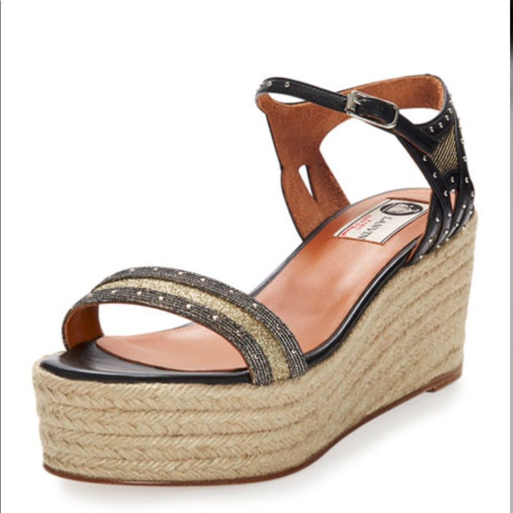 LANVIN RUDI ESPADRILLE Studded Metallic Wedge Sandal Vintage